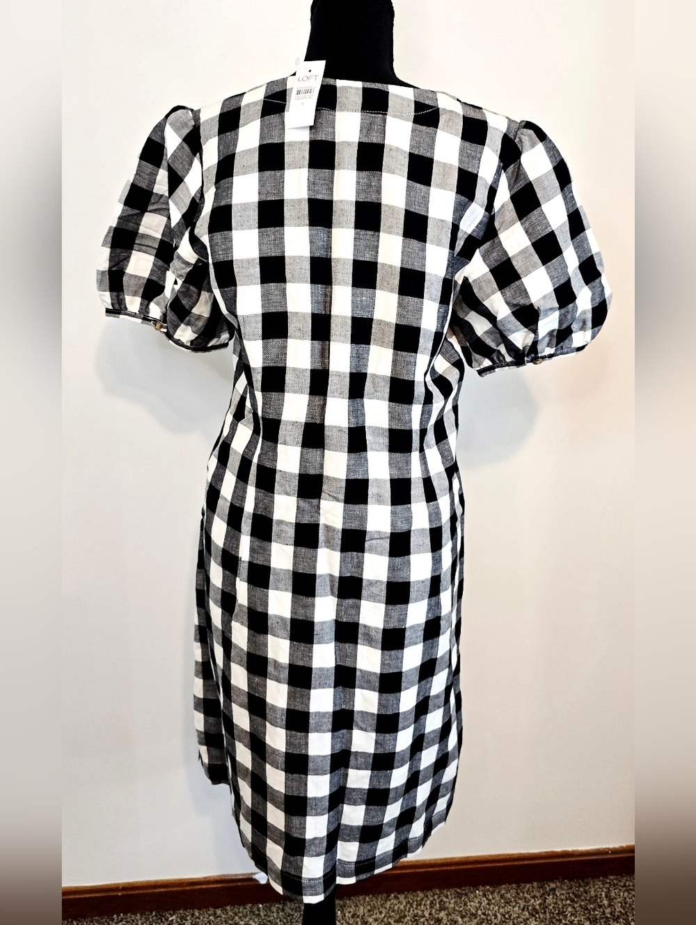 LOFT Black White Gingham Dress Teacher Linen Blend Cottagecore Coastal Preppy - Picture 9 of 12